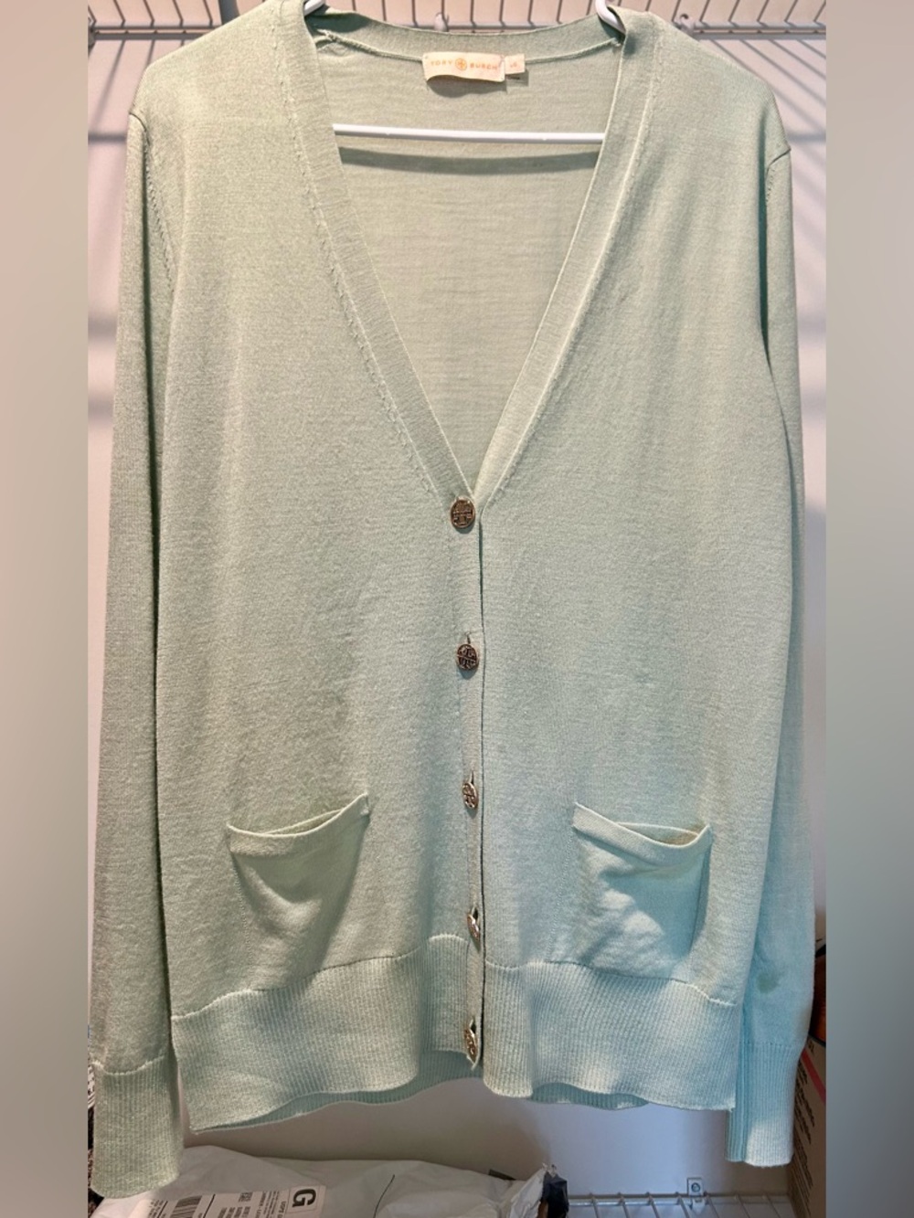 Tory Burch Mint Sage Green V-Neck Button Pocket Cardigan